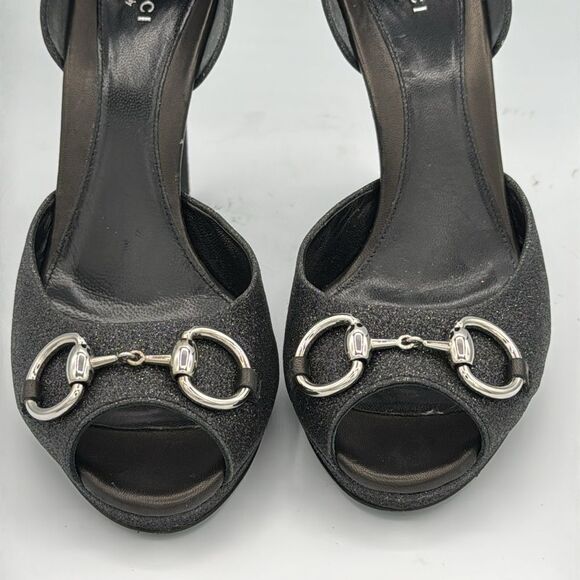 GUCCI Black Glitter Stardust Nappa Charlotte Nero Open Toe Pumps Size 38/ US 8 - Picture 3 of 12